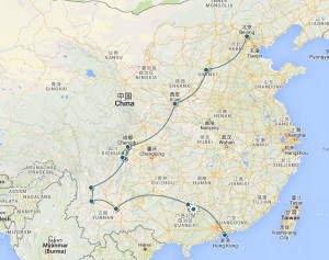 Planned route for our 7 week trip through mainland China